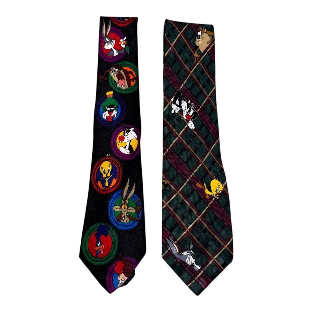 Lot of 2 Vintage Looney Tunes Mania Multicolor Silk Hand Made Ties